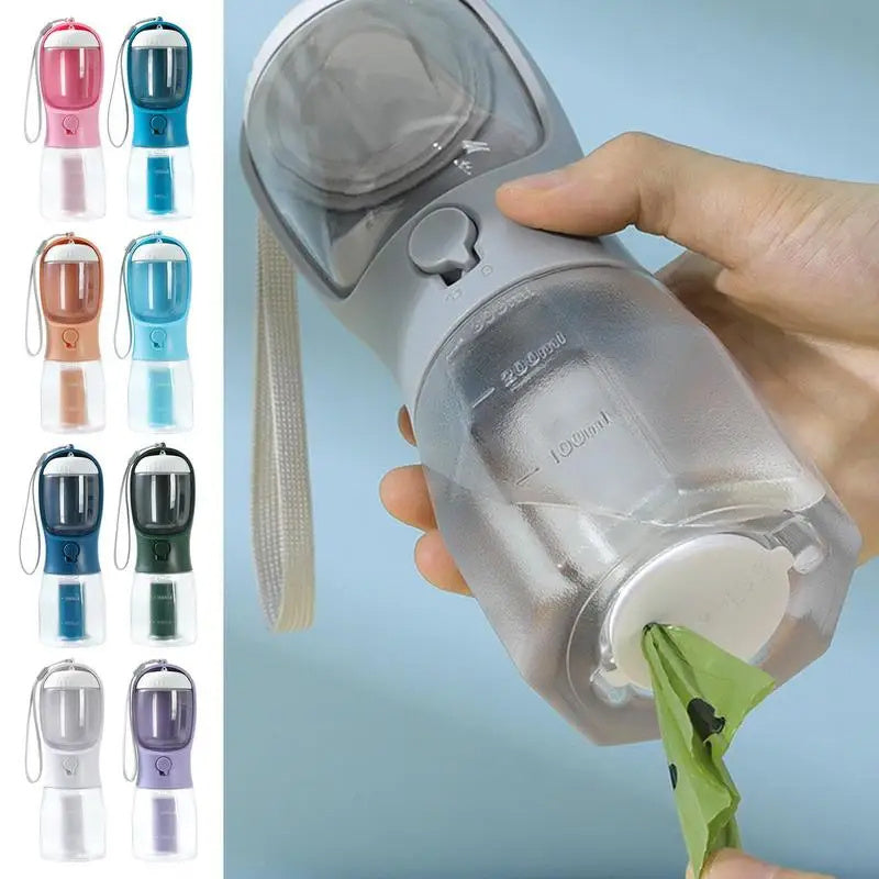 3-in-1 Dog Water Bottle with Food Box & Waste Bag Dispenser – Portable Travel Cup for Pets