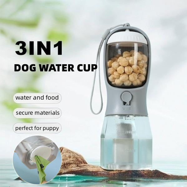 3-in-1 Dog Water Bottle with Food Box & Waste Bag Dispenser – Portable Travel Cup for Pets