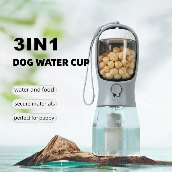 3-in-1 Dog Water Bottle with Food Box & Waste Bag Dispenser – Portable Travel Cup for Pets