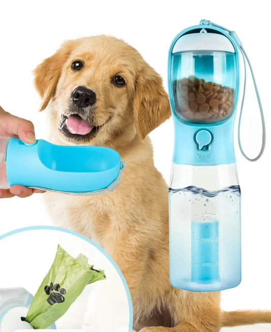 3-in-1 Dog Water Bottle with Food Box & Waste Bag Dispenser – Portable Travel Cup for Pets