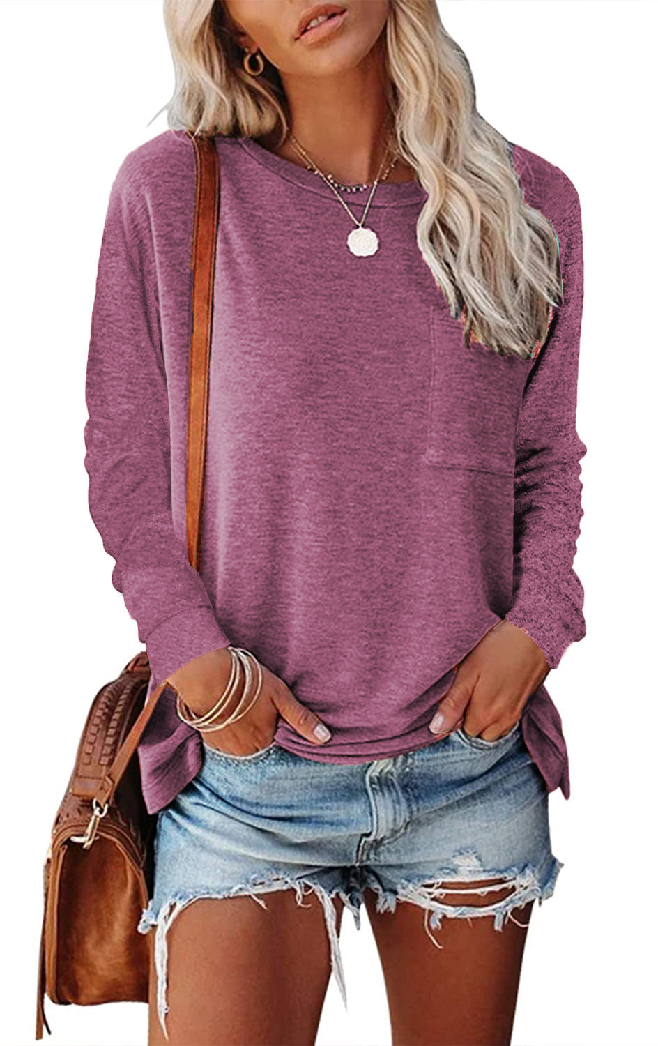 Trendy Women’s Long Sleeve Crew Neck Top – Casual Everyday Style