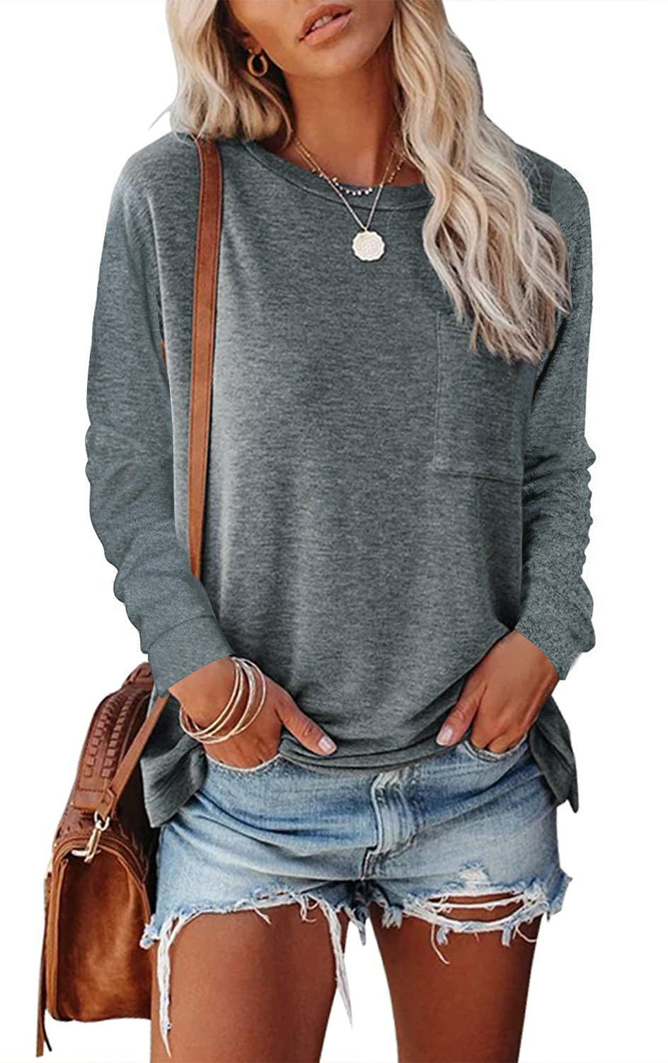 Trendy Women’s Long Sleeve Crew Neck Top – Casual Everyday Style